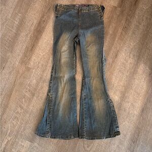 Classic Blue Flare Jeans with Distressed Details